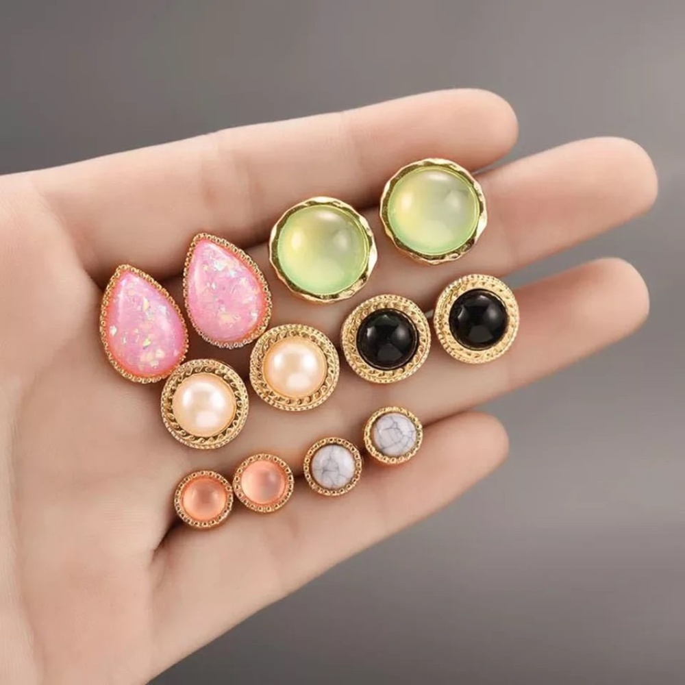 12 Pairs Retro Opal Enamel Stud Gold Earrings Set - Picture 2 of 11